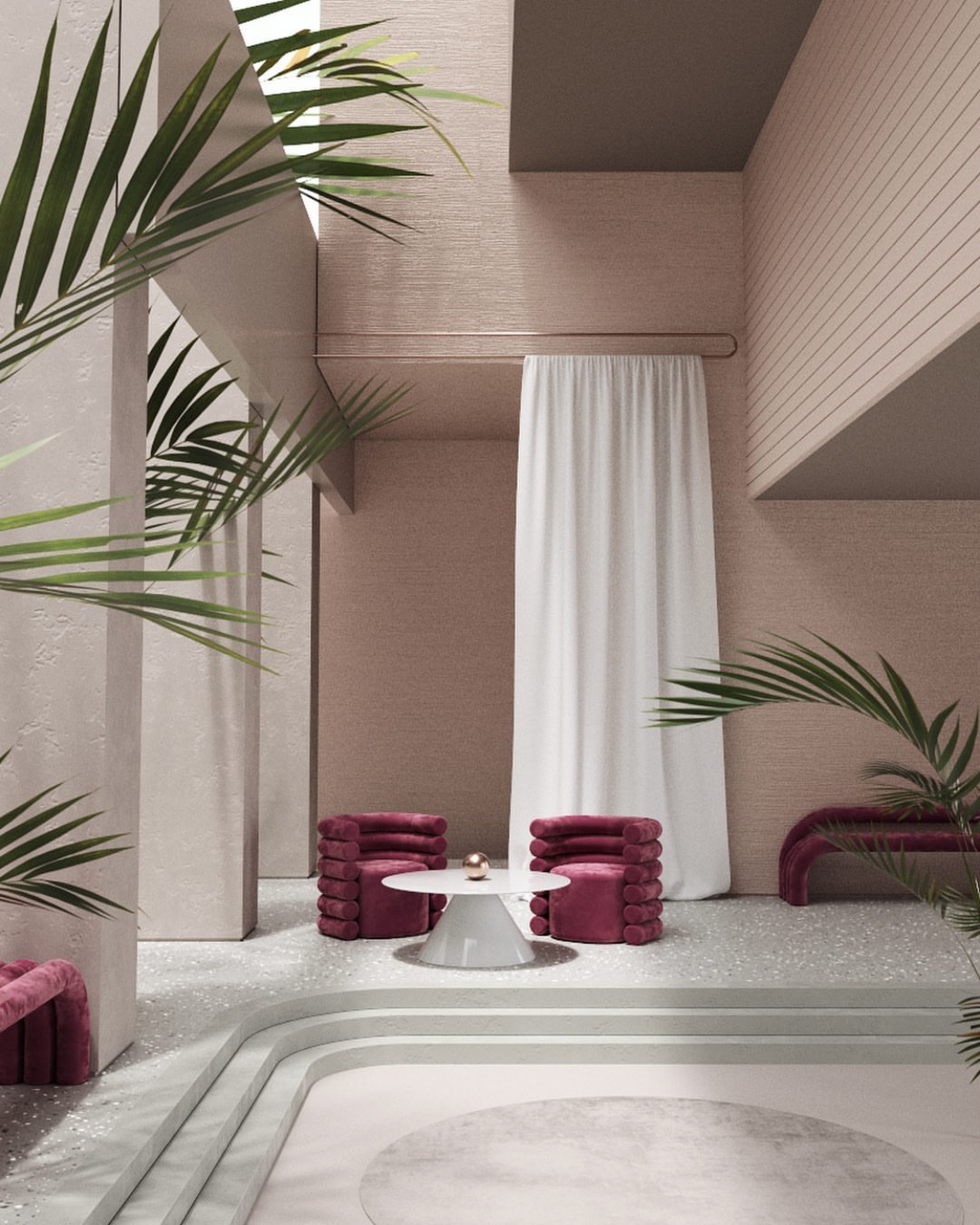 viva magenta home - foyer receiving area in magenta gray red pink color design interior